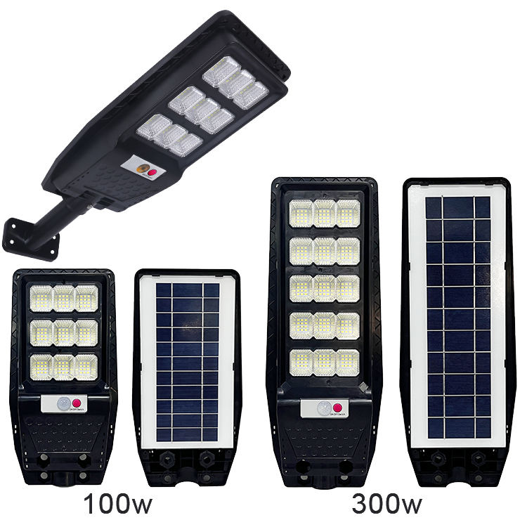 ABS waterproof remote control large capacity battery super bright commercial rada human sensor 100w 300w solar street light outdoor