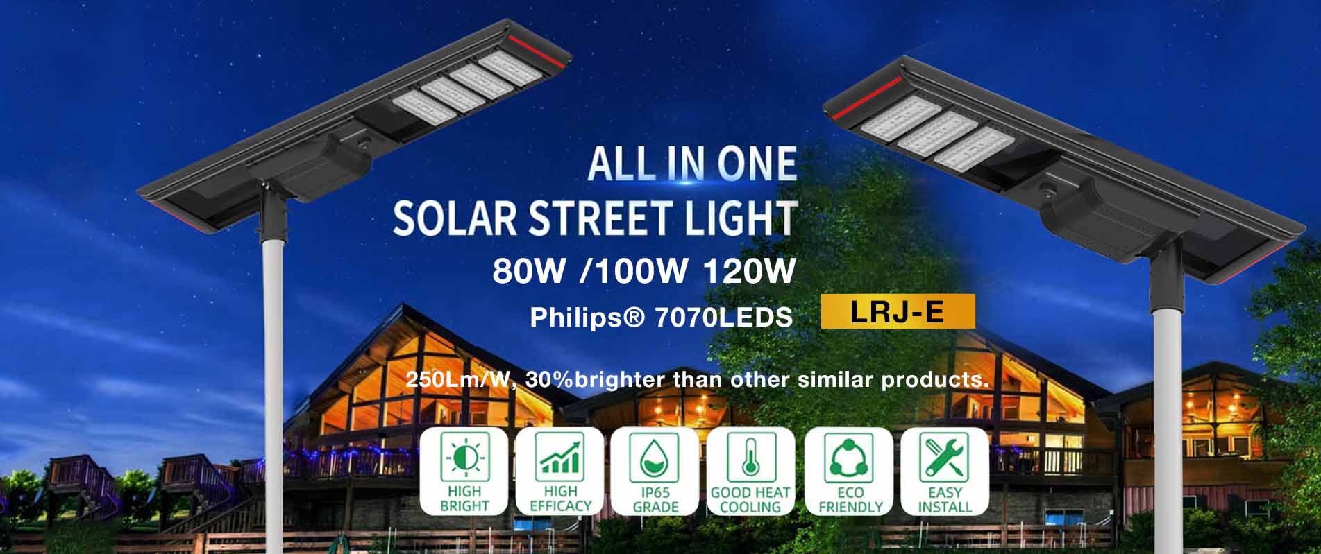 专利高流明一体化太阳能路灯户外照明80w 100w 120w Prowe LED灯