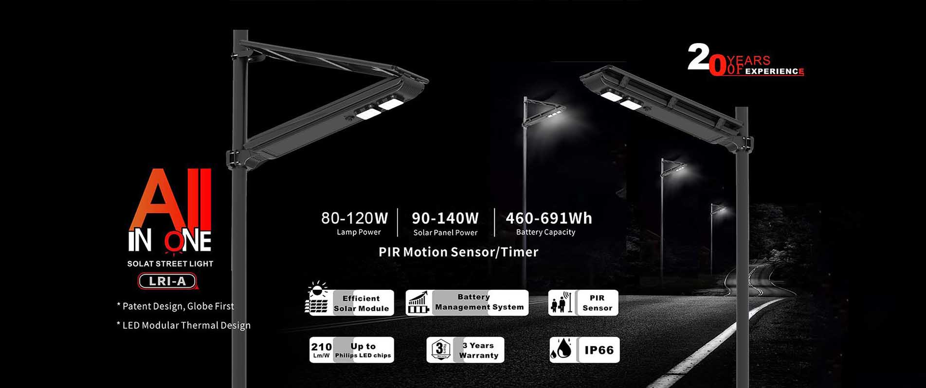 60w 耐用高效杆式 LED 太阳能路灯 IP66 6500K 雷达传感器太阳能路灯