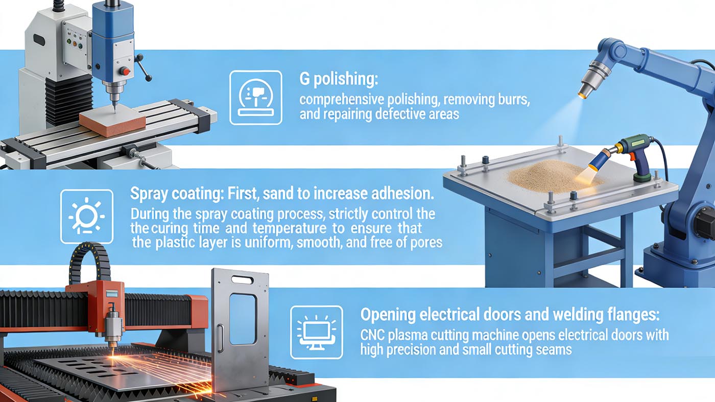 Opening electrical doors and welding flanges: CNC plasma cutting machine opens electrical doors with high precision and small cutting seams. Opening electrical doors and welding flanges: CNC plasma cutting machine opens electrical doors with high precision and small cutting seams.